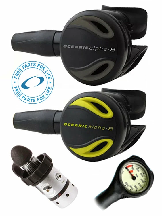 Regulator Sets Oceanic Regulator Set: Alpha 8 / SP5 (DIN Or Yoke) / Alpha 8 Octopus & Free Termo Gauge 3 Regulator Sets Oceanic Regulator Set: Alpha 8 / SP5 (DIN Or Yoke) / Alpha 8 Octopus & Free Termo Gauge