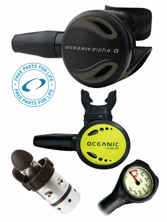 Regulator Sets Oceanic Regulator Set: Alpha 8 / SP5 (DIN Or Yoke) / Alpha 8 Octopus & Free Termo Gauge 5 Regulator Sets Oceanic Regulator Set: Alpha 8 / SP5 (DIN Or Yoke) / Alpha 8 Octopus & Free Termo Gauge