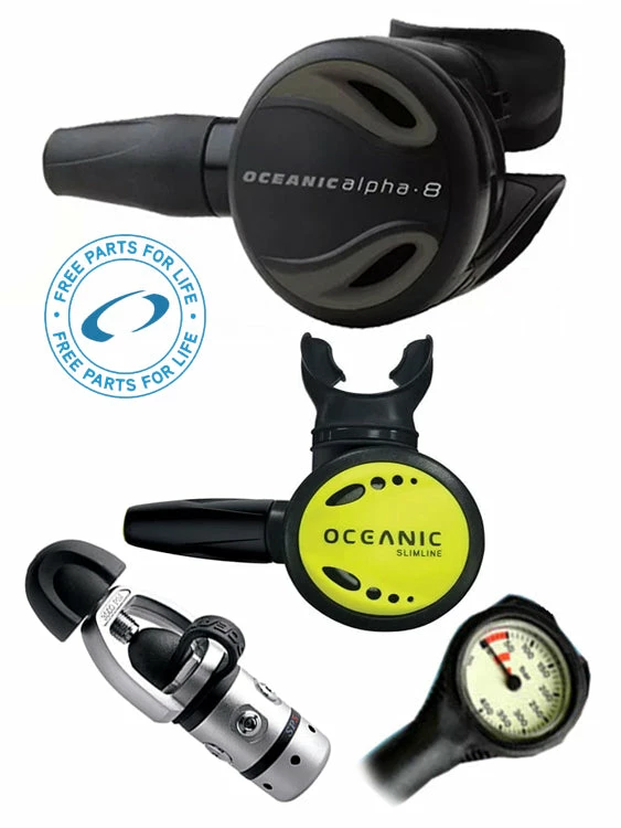 Regulator Sets Oceanic Regulator Set: Alpha 8 / SP5 (DIN Or Yoke) / Alpha 8 Octopus & Free Termo Gauge 6 Regulator Sets Oceanic Regulator Set: Alpha 8 / SP5 (DIN Or Yoke) / Alpha 8 Octopus & Free Termo Gauge