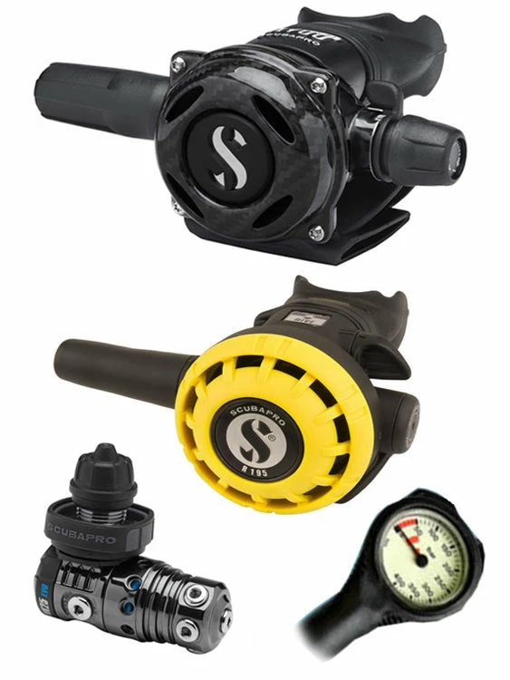 Scubapro Regulator Set: MK25 Evo Black Tech (DIN Or Yoke) / A700 Carbon / Octopus & Free Termo Gauge 6 Scubapro Regulator Set: MK25 Evo Black Tech (DIN Or Yoke) / A700 Carbon / Octopus & Free Termo Gauge