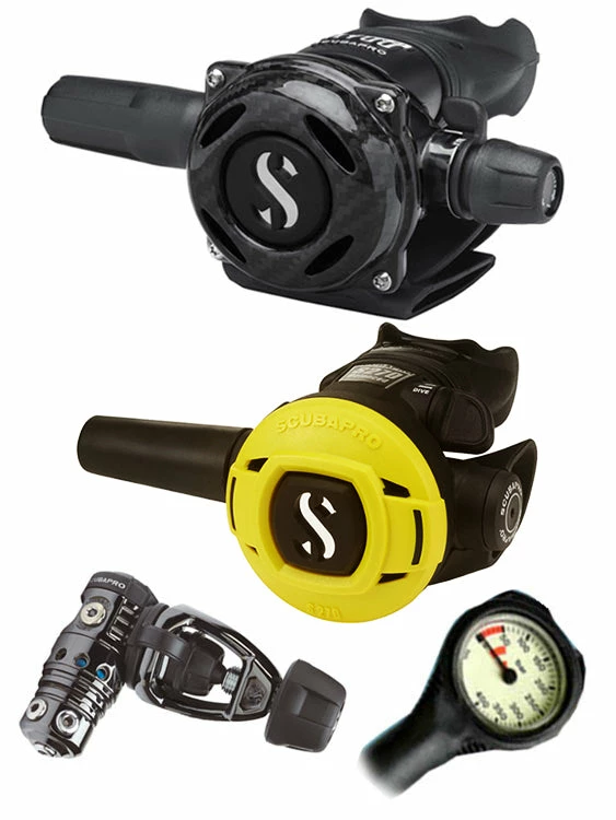 Scubapro Regulator Set: MK25 Evo Black Tech (DIN Or Yoke) / A700 Carbon / Octopus & Free Termo Gauge 8 Scubapro Regulator Set: MK25 Evo Black Tech (DIN Or Yoke) / A700 Carbon / Octopus & Free Termo Gauge