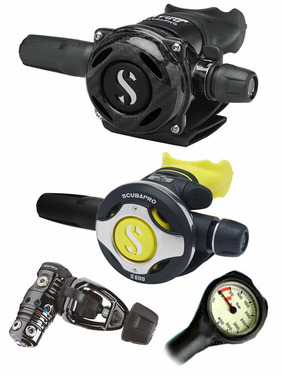 Scubapro Regulator Set: MK25 Evo Black Tech (DIN Or Yoke) / A700 Carbon / Octopus & Free Termo Gauge 7 Scubapro Regulator Set: MK25 Evo Black Tech (DIN Or Yoke) / A700 Carbon / Octopus & Free Termo Gauge