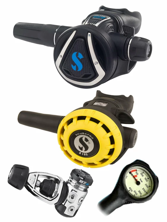 Regulator Sets Scubapro Regulator Set: MK17 Evo (DIN Or Yoke) / C370 / Octopus & Free Termo Gauge 4 Regulator Sets Scubapro Regulator Set: MK17 Evo (DIN Or Yoke) / C370 / Octopus & Free Termo Gauge