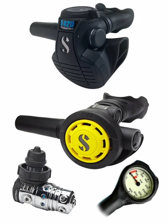 Regulator Sets Scubapro Regulator Set: MK25 Evo (DIN Or Yoke) / D420 / Octopus & Free Termo Gauge 3 Regulator Sets Scubapro Regulator Set: MK25 Evo (DIN Or Yoke) / D420 / Octopus & Free Termo Gauge