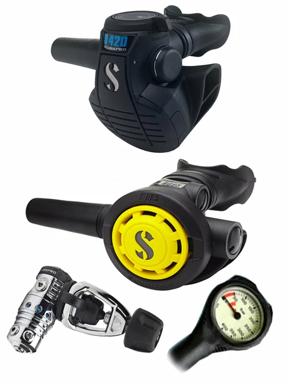 Regulator Sets Scubapro Regulator Set: MK25 Evo (DIN Or Yoke) / D420 / Octopus & Free Termo Gauge 4 Regulator Sets Scubapro Regulator Set: MK25 Evo (DIN Or Yoke) / D420 / Octopus & Free Termo Gauge