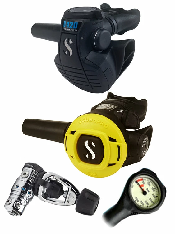 Regulator Sets Scubapro Regulator Set: MK25 Evo (DIN Or Yoke) / D420 / Octopus & Free Termo Gauge 7 Regulator Sets Scubapro Regulator Set: MK25 Evo (DIN Or Yoke) / D420 / Octopus & Free Termo Gauge